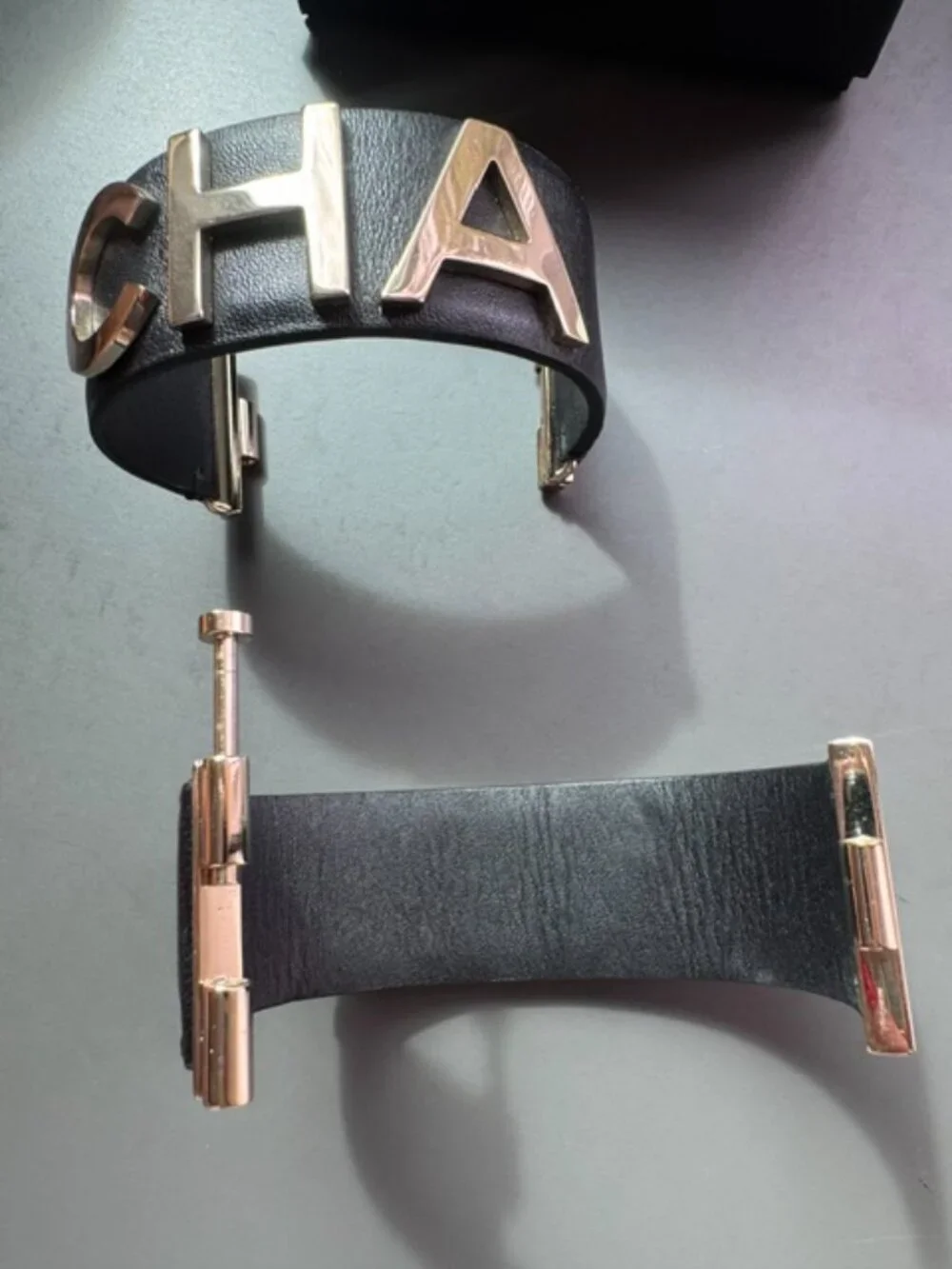 CHANEL Spring 2019 Runway Black Calfskin Leather Cuff Bracelet Set w/ box